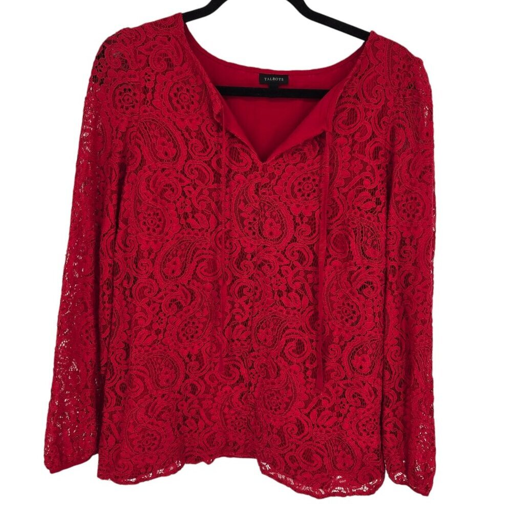 Talbots large floral paisley lacy crochet overlay split neck tie long sleeve top